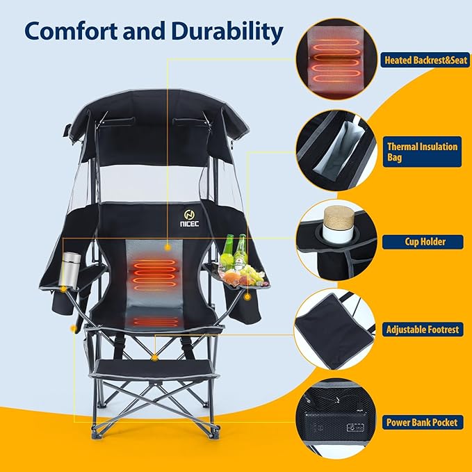 Nice C Chair with Canopy, Heated Camping Chair with Battery, Outdoor Sports Chairs with Shade, Heated Folding Umbrella Chairs, with Removable Footrest (1-Pack)