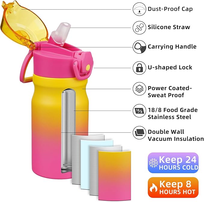 BJPKPK Water Bottle With Straw 14oz Insulated Water Bottles Reusable Stainless Steel Metal Thermo With Leak Proof Lockable Lid And Carry Handle,Rainbow