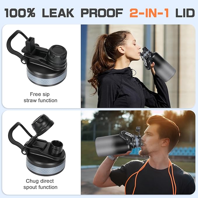 Insulated Water Bottle 64 oz, Half Gallon Water Jug Cold 48H, BPA Free Stainless Steel Bottles with Straw/Chug 2-in-1 Lid, Bag, Paracord Handle, Silicone Boot, Sports Gym School Metal Flask