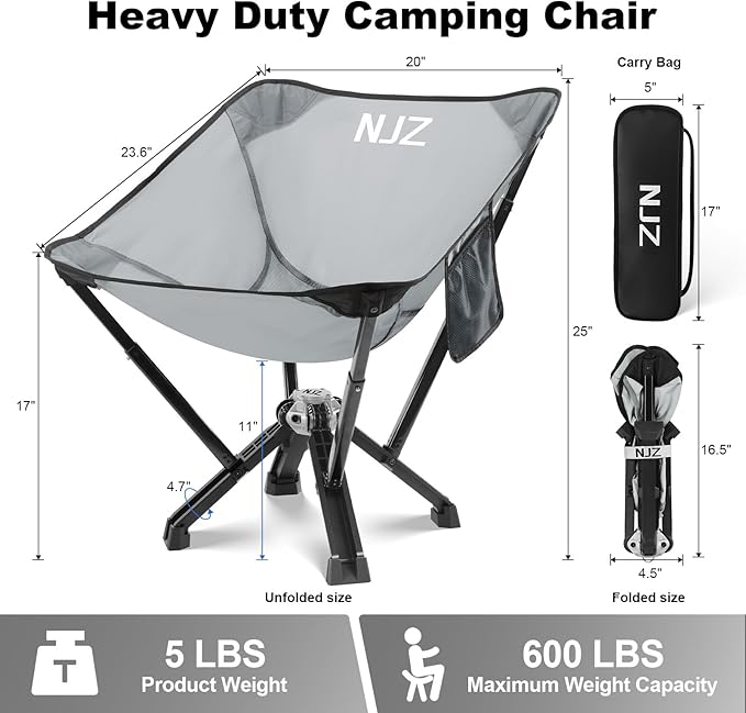 Folding Camping Chairs - 600 LBS Capacity Heavy Duty Camping Chair, Compact Folding Chair with Quick Setup & Carry Bag - Portable Camp Chair for Travel, Sports, Lawn, Beach - Silver