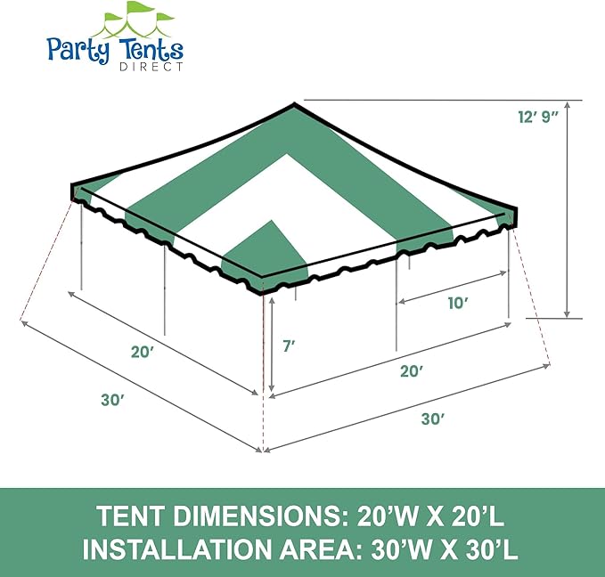 Party Tents Direct 20'x20' Weekender Standard Canopy Pole Tent - Easy Up Canopy Tent with 80 Person Capacity - Outdoor Canopies for Parties, Weddings, & Events (Green/White Top)