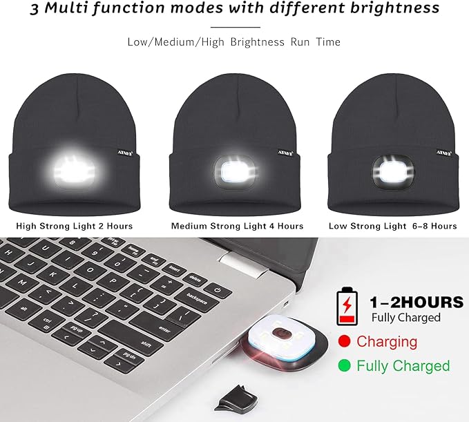 ATNKE LED Lighted Beanie Hat,USB Rechargeable 4 LED Running Headlamp Bright Cap with The Light Gifts for Men and Women