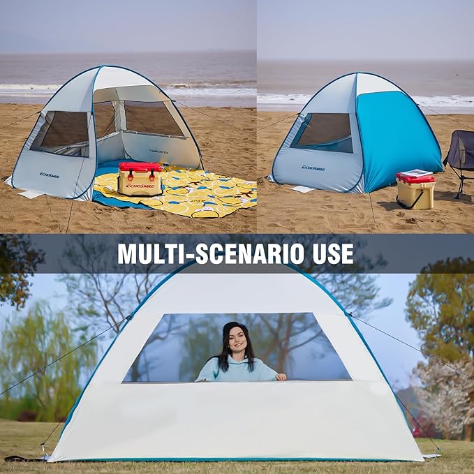 Pop Up Beach Tent for 4 Person with UPF 50+ Protection，Automatic Easy Setup Waterproof Beach Shade，Lightweight and Portable Beach Tent Sun Shelter - Light Blue