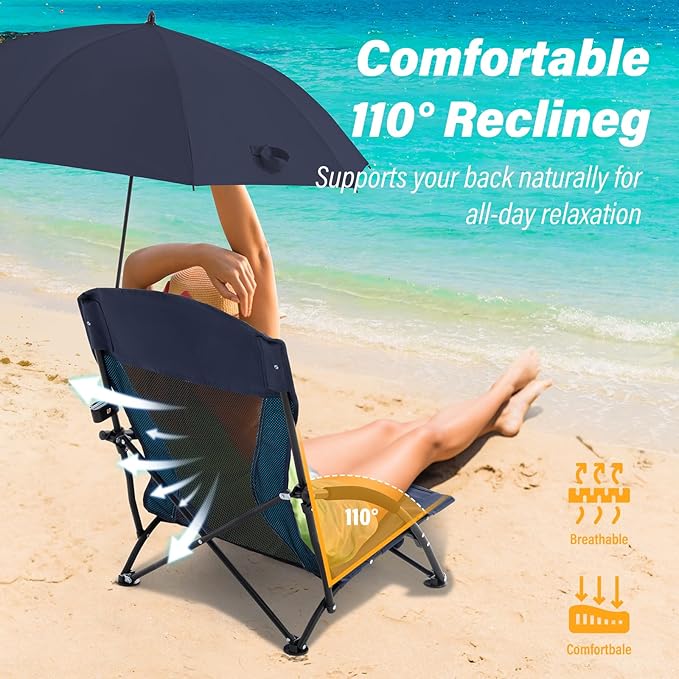Homcosan Portable Low Folding Beach Chair with Detachable Umbrella - Lightweight Camping Chair for Adults with Cup Holder & Storage Pocket, Carry Bag Included (Navy & Blue)