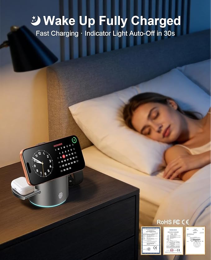 3 in 1 Wireless Charging Station for Apple Multiple Devices, 15W Magnetic Auto-Rotating Charger Stand, Touch Hidden System Wireless Charger Stand for iPhone 17 16 15 14 13 12, Apple Watch, AirPods pro