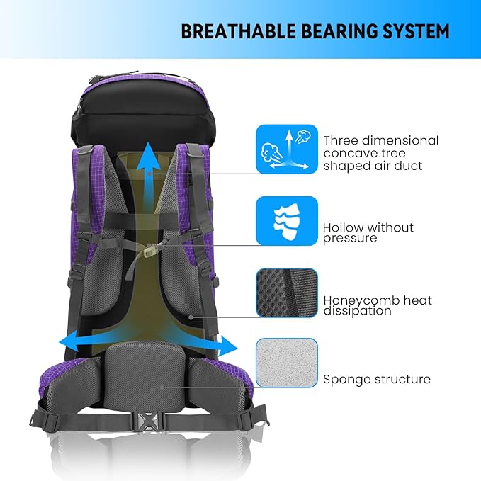 Bseash 80L Waterproof Hiking Camping Backpack with Rain Cover, Lightweight Outdoor Sport Travel Daypack for Climbing Touring (Purple)