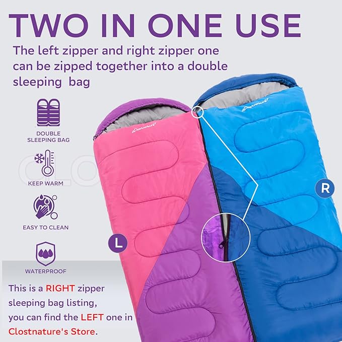Clostnature Sleeping Bag for Adults and Kids - Lightweight Camping Sleeping Bag for Girls, Boys, Youths, Ultralight Backpacking Sleeping Bag for Cold Weather - Compression Sack Included(Left Zipper)