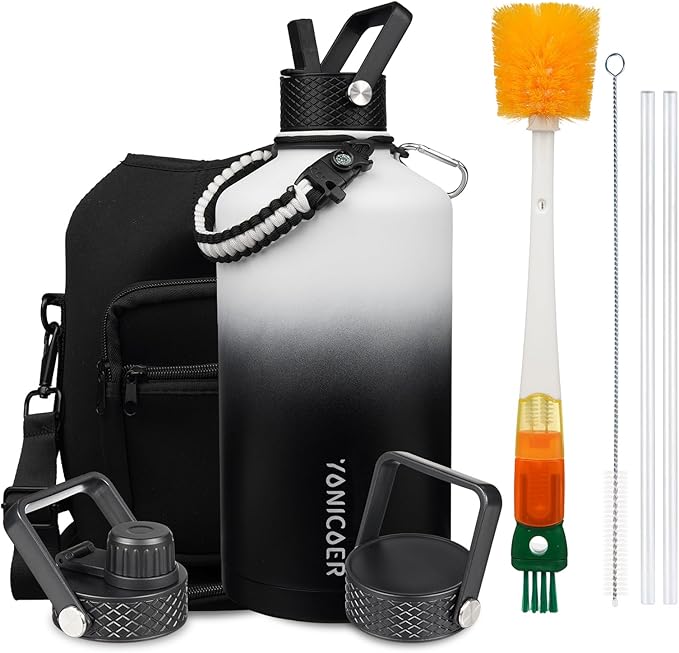 Insulated Water Bottle 128oz,Triple Wall Vacuum Stainless Steel(Dishwasher Safe),Leak Proof & Non-BPA,Flask Jug with Paracord Handle & Straw Spout Lids Sports Gradient black