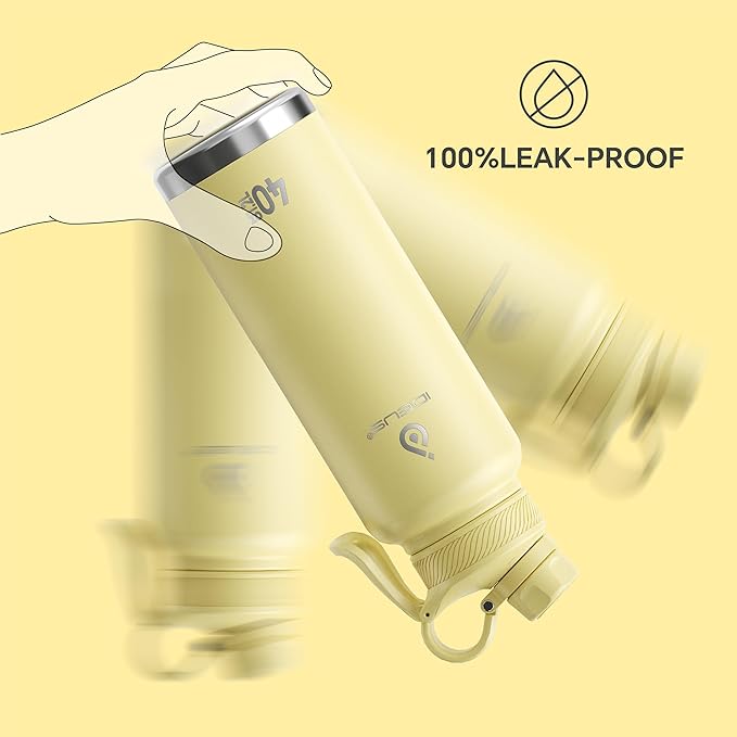 IDEUS Insulated Stainless Steel Water Bottle with 2 Leak-Proof Lids, Thermal Water Flask for Hiking Biking, 40oz, Light Yellow