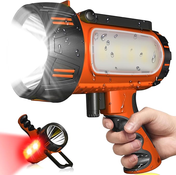 2025 New Super Bright Rechargeable Spotlight 90,000 Lumen Flashlight Handheld Spotlight,10000mAh Spot Light Outdoor Runtime 48+ Hrs,Flashlight Searchlight Flood Camping Hunting Boating with Tripod