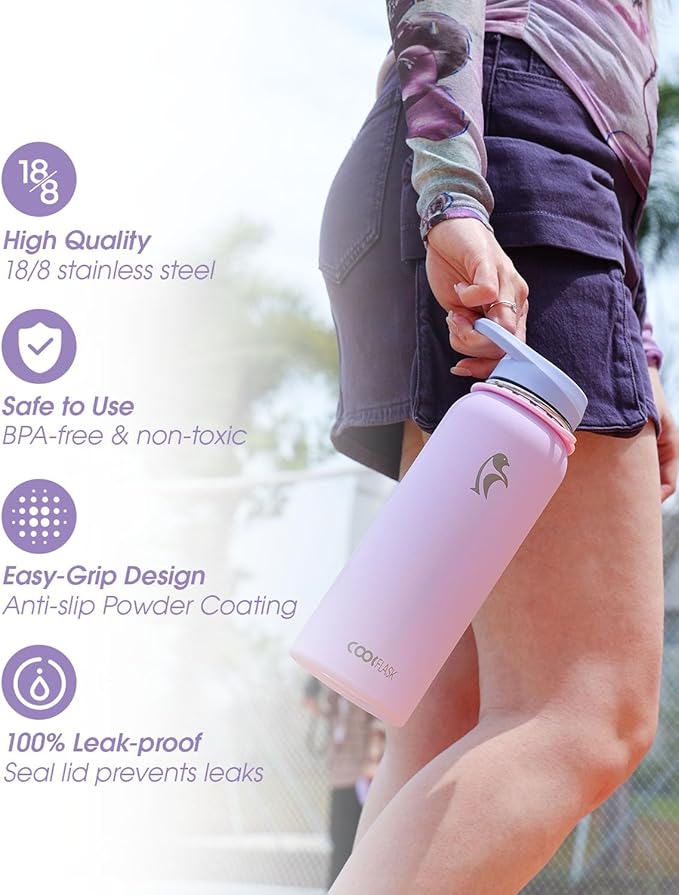 Coolflask Water Bottle with Straw, 40 oz Insulated Metal Water Flask with Straw & Spout Lids, Stainless Steel Double Wall Vacuum, Keep Cold 48h Hot 24h, Leak Proof & Non-BPA, Lavender