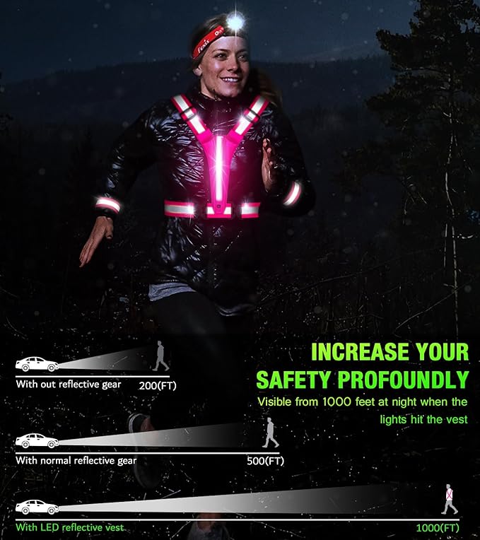 Led Light Up Running Vest Reflective Vest for Runners Night Walking, Rechargeable LED Reflective Running Vest High Visibility with Adjustable Waist/Shoulde, Reflective Armband for Women Men