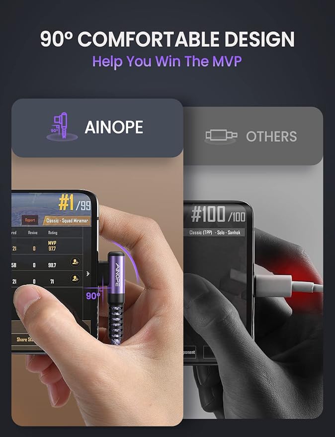 AINOPE USB C Cable 60W 2-Pack 6.6ft Nylon Braided USB C to USB C Cable Type C Charger Fast Charging Right Angle USBC Cable Charger Cord for iPhone 16 Pro Max 15 Plus Samsung S24 S23 iPad Pro Purple