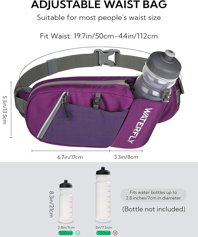 WATERFLY Fanny Pack Waist Bag: Hiking Water Bottle Holder with Strap Waist Pack for Women Men Hydration Hip Packs for Running Walking Traveling-Dark Purple