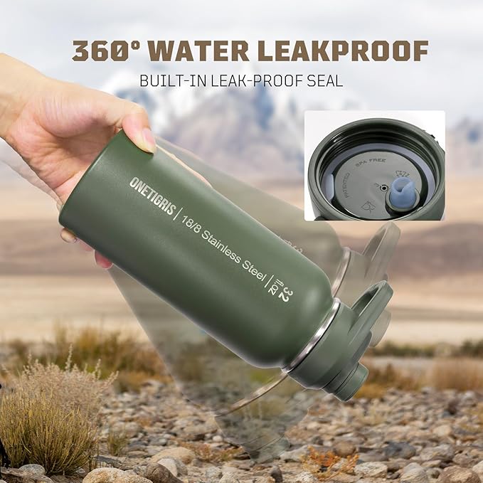 ONETIGRIS 32 oz Insulated Water Bottle with Straw - Tactical Stainless Steel Water Jug, Leakproof Wide Mouth Sport bottle with 3 Lids and Sleeve for Travel, Gym, Camping, Hiking