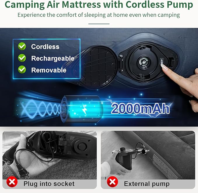 AYAMAYA Queen Camping Air Mattress with Built-In & Detachable Electric Pump -Portable 16 Inch Luxury Double High Inflatable Airbed,Self Inflating Air Mattress,No Power Outlet Needed for Camping & Home