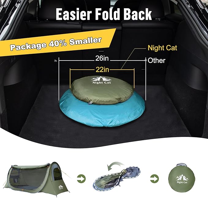 Night Cat Pop-up Camping Tent: 1 Person Tent Waterproof Instant Easy Setup Tunnel Tent Fits with Camping Cot (Excluded)
