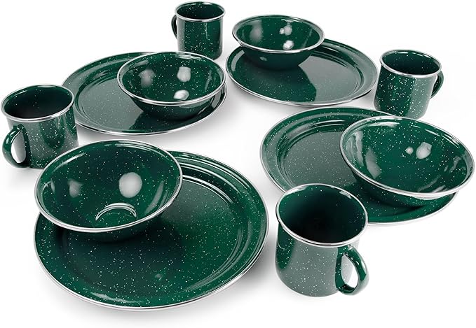 GSI Outdoors Pioneer Enamel 12 Pieces (4-Person) Dish Set I Enamelware Dishes Including Plates, Bowls and Mugs for Camping, Outdoors, RV, Camp, Green