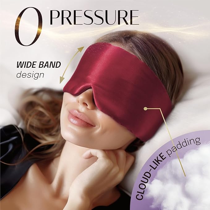 Silk Sleep Mask Soft Pressureless: 100% Mulberry Silk for Eye Skin Anti Wrinkles, Large Size for Total Blackout, Adjustable Wide Velcro Ear Cover, Burgundy