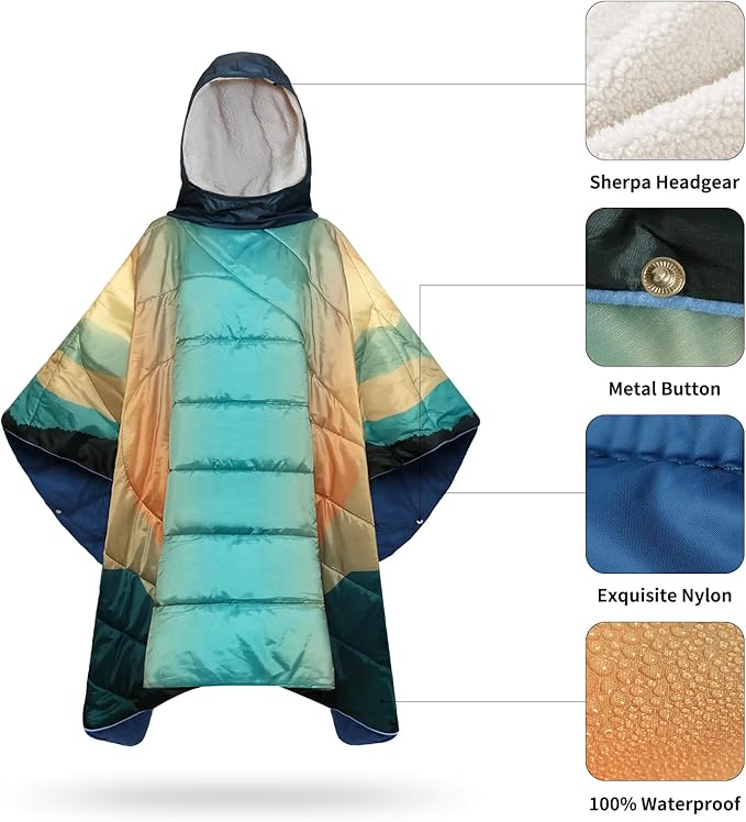 Camping Blanket, Poncho Wearable Hoodie Blankets Outdoor Waterproof Windproof