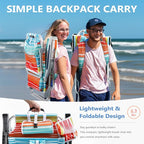 5-Position Aluminum Lay Flat Backpack Beach Chair, Compact Portable Low Beach Chairs for Adults with Cooler Pouch, Storage Pouch, Towel Bar, Cup Holder & Phone Holder, Multicolor Stripe