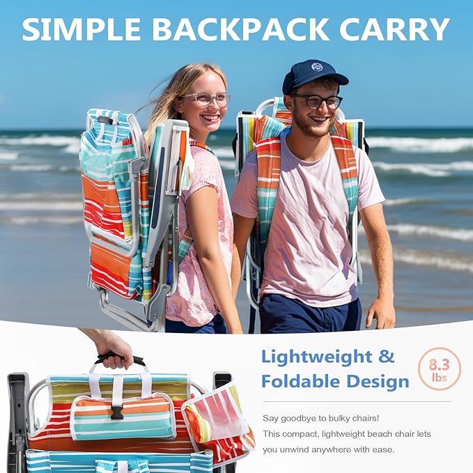 5-Position Aluminum Lay Flat Backpack Beach Chair, Compact Portable Low Beach Chairs for Adults with Cooler Pouch, Storage Pouch, Towel Bar, Cup Holder & Phone Holder, Multicolor Stripe