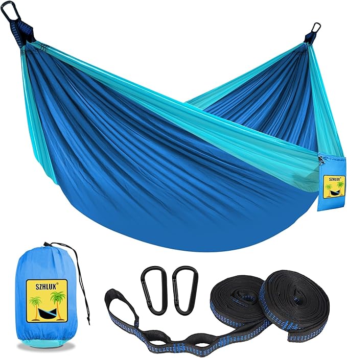 SZHLUX Camping Hammock Double & Single Portable Hammocks with 2 Tree Straps, Great for Hiking,Backpacking,Hunting,Outdoor,Beach,Camping,Dark Blue / Sky Blue