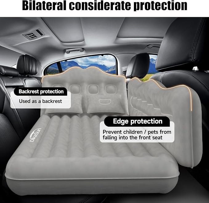 Car Air Mattress, Inflatable SUV Truck Car Camping Mattress for Back Seat, Thickened Travel Car Bed Sleeping Pad with Car Air Pump 2 Pillows (Grey)