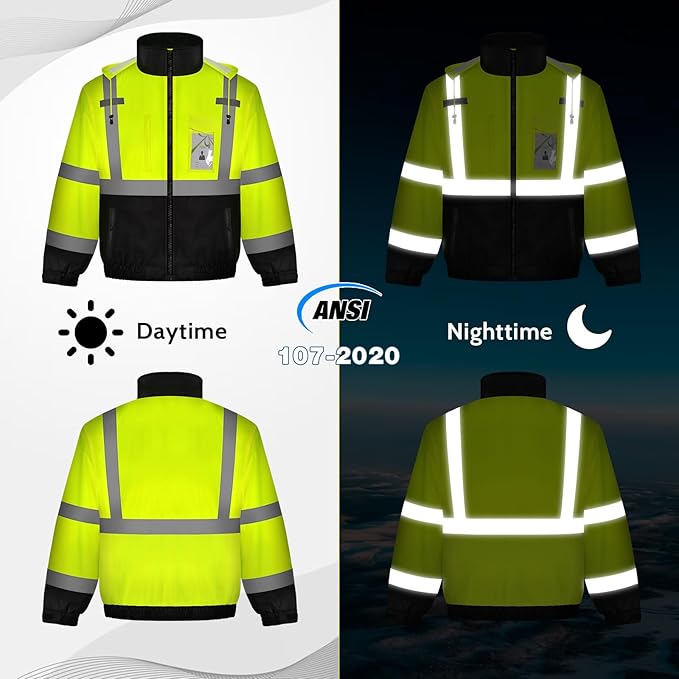 Hi Vis Jackets for Men, Safety Jackets with Pockets for Men& Women, Reflective Construction Coats for Cold Weather Winter, Waterproof High Vis Rain Gear, Class 3, Yellow-Black, XL