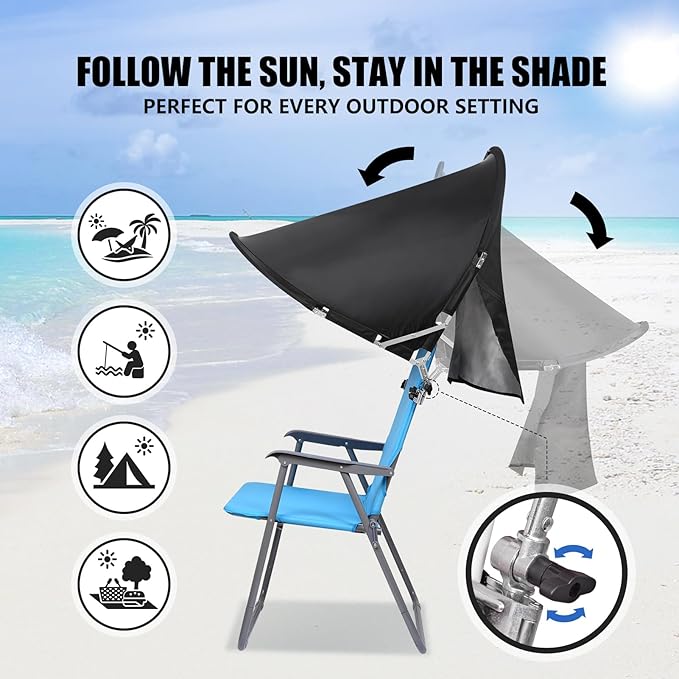 XL Universal Chair Canopy Umbrella, UPF 50+ Foldable Sun Shade Attachment with Adjustable Clamp, Fits Most Brands’ Beach, Camping, Lawn, Tanning, Zero Gravity, Lounge & Fishing Chairs