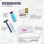 Personal Care Travel Toiletries | 1-Shoppe Amenities Kit | Travel Shaving Set, Toothbrush & Paste, Mouthwash, Makeup Wipes, Swabs, Nail File & Sewing Kit | 75 Pieces