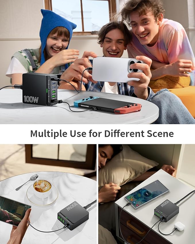 USB C Charger Block Charging Station: 100W 6 Port GaN Fast Charging Brick Hub Cube Box - PD 3.0 Type C & USB A Wall Charger Power Adapter for All iPhone 17 iPad Samsung Android Pixel Series