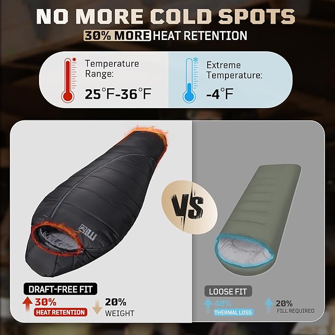 Sleeping Bag for Adults, Warm Weather Camping Mummy Sleeping Bags (25-36℉) with Adjustable Hood, Phone Pocket & Compression Sack for Hiking Travel Hunting