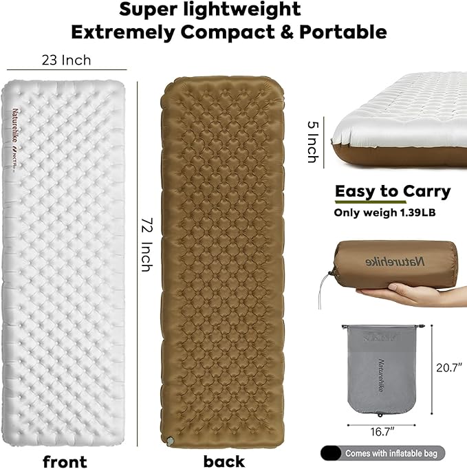 Naturehike 5.8/8.8 R-Value Camping Sleeping Pad,3.1"-4.7" Ultra-Thick,1-1.4LB Ultralight Camping Mat with Inflatable Bag,Backpacking Inflatable Foam Camping Mat for Car,Hiking