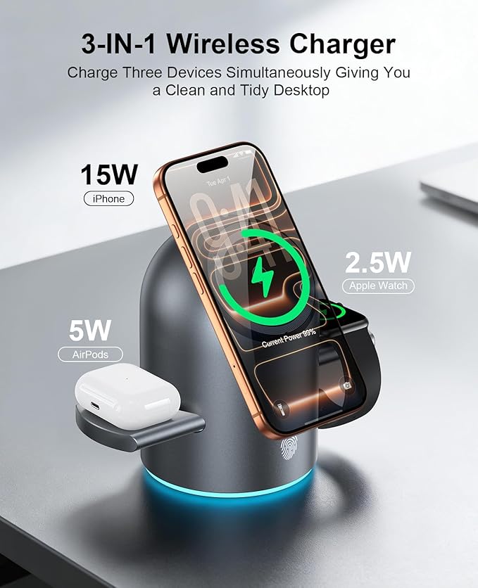 3 in 1 Wireless Charging Station for Apple Multiple Devices, 15W Magnetic Auto-Rotating Charger Stand, Touch Hidden System Wireless Charger Stand for iPhone 17 16 15 14 13 12, Apple Watch, AirPods pro