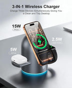 3 in 1 Wireless Charging Station for Apple Multiple Devices, 15W Magnetic Auto-Rotating Charger Stand, Touch Hidden System Wireless Charger Stand for iPhone 17 16 15 14 13 12, Apple Watch, AirPods pro