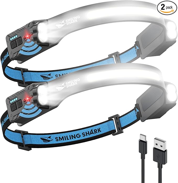 Smiling Shark TD-0123-S Headlamp, 2-Pack 2400mAh Ultra-Bright Head Lamp Flashlight Rechargeable with Hands-Free Motion Sensor, Multi-Mode LED Head Lamp with 315°Rotated for Outdoor, Camping, Hiking