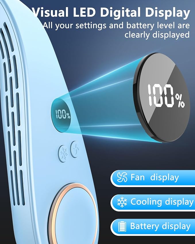 Personal Cooling Device,Portable Neck Fan,Bladless Easy Breezy Hands Free Neck Cooler,Long Lasting Power Unit AC,Light Weight Individual Shoulder Headband for Traveling Camping Outside Walking Blue