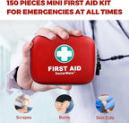 150 Pieces Mini First Aid Kit - Small Medical Kit with Hard Shell - Emergency First Aid Kit for Car, Travel, Home, Outdoor, Office, Camping, Hiking (Red)