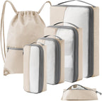 6 Set Compression Packing Cubes for Travel, Bonus Versatile Drawstring Backpack, Lightweight Luggage Organizer Bags, Sturdy Travel Accessories for Suitcase, Beige