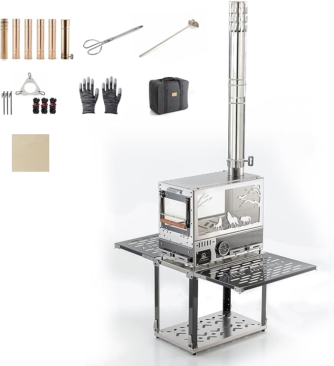 M8 Wood Burning Stove with Oven & Camping Table, Stainless Steel Portable IGT Hot Tent Stove, Including 6 Chimney Pipes, for Camping, Tents, Cooking and Travel (Silver)