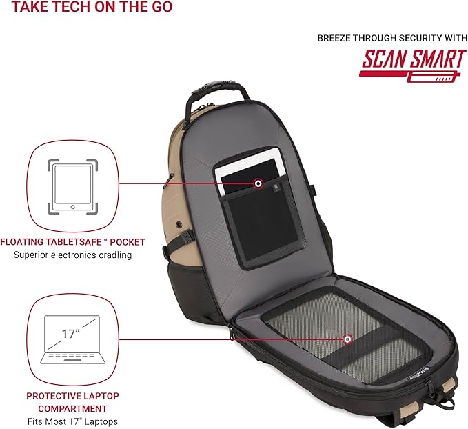 SwissGear 1900 ScanSmart 17” Laptop Backpack Brown– Reflective Tech Backpack with ScanSmart Compartment – Multiple Organizer Pockets & RFID Scan Blocking Technology