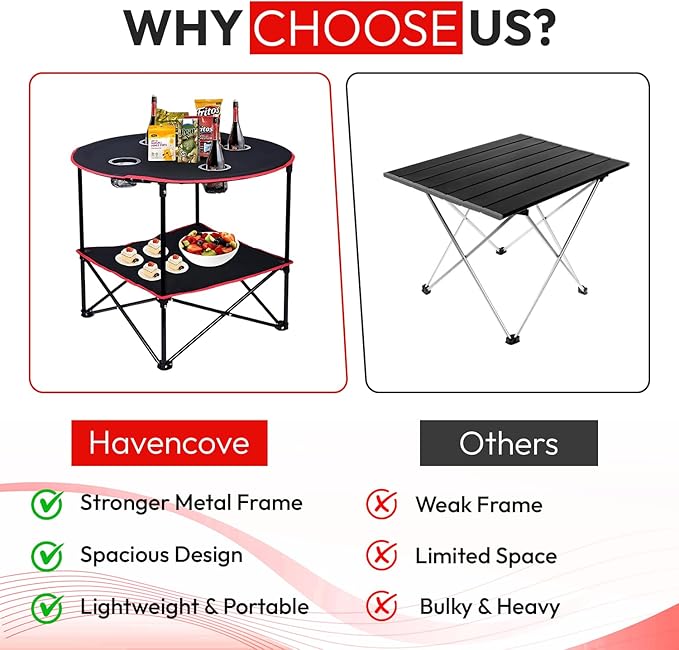 Folding Camping Table, 2-Tier Portable Table with Cup Holders, Carry Bag and Folding Cup, Small Camp Table for Tailgate, Picnic, BBQ, Beach, Fishing & Outdoor Use