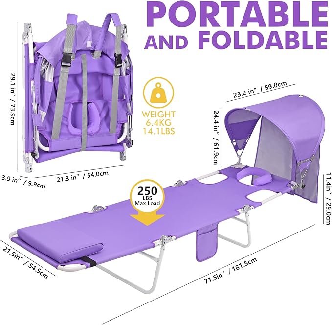 Backpack Beach Tanning Chair with Canopy and Face Hole, 6-Position Folding Lay Out Lounge Chair, UPF 50+ Wind-Resistant Sun Shade, Portable Recliner for Sunbathing, Outside, Poolside, Lawn, 2Pack