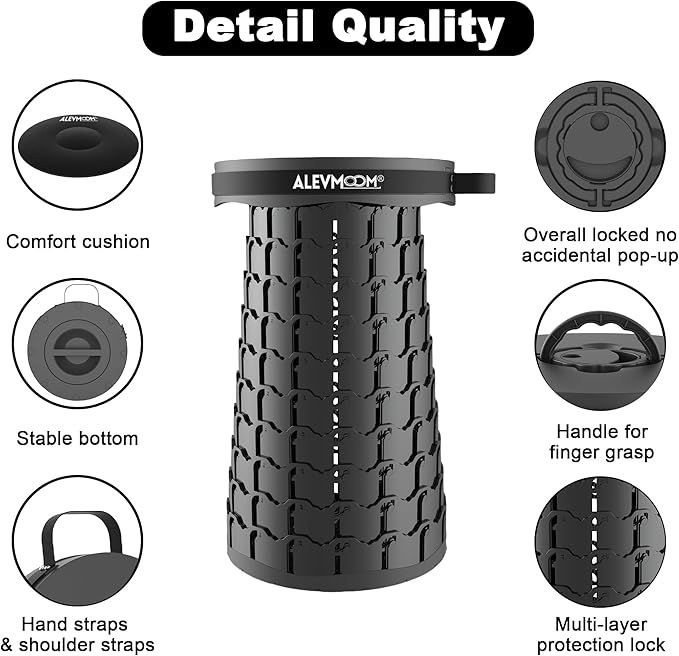 ALEVMOOM Upgraded 19.7" Portable Telescoping Stool,XXL Collapsible Stool with Cushion,Capacity 1000lbs Heavy Duty Retractable Folding Chair for Adults for Camping Fishing Hiking BBQ