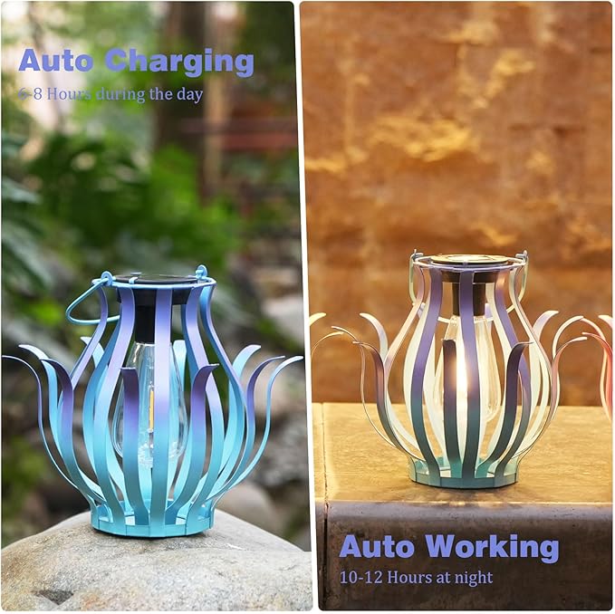 Solar Lanterns Outdoor Waterproof Hanging Lanterns as Birthdays Gifts for Women Mom Grandma Metal Garden Decor for Outside Solar Lights for Yard, Patio, Lawn, Porch, Backyard (Gradient Blue)