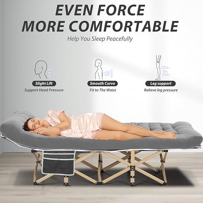 Folding Camping Cot for Sleeping, Portable Cots for Adults, Heavy Duty Cot Bed 550LBS(Max Load), Extra Wider Cots with Large Pocket for Outdoor, Office, Beach