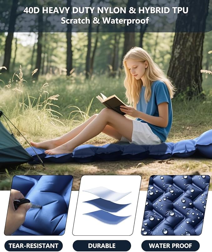 YOUXIU Camping Sleeping Pad, Extra Thickness 3'' Ultralight Inflatable Sleeping Mat with Built-in Foot Pump, Durable Compact Waterproof Camping Air Mattress for Tent,Backpacking,Hiking,Tent(Navy)