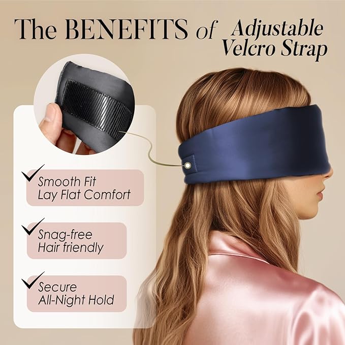 LULUSILK Reversible Mulberry Silk Sleep Mask for Women and Men, Adjustable Real Silk Eye Mask for Sleeping, Navy Blue and Black, Pack of 1