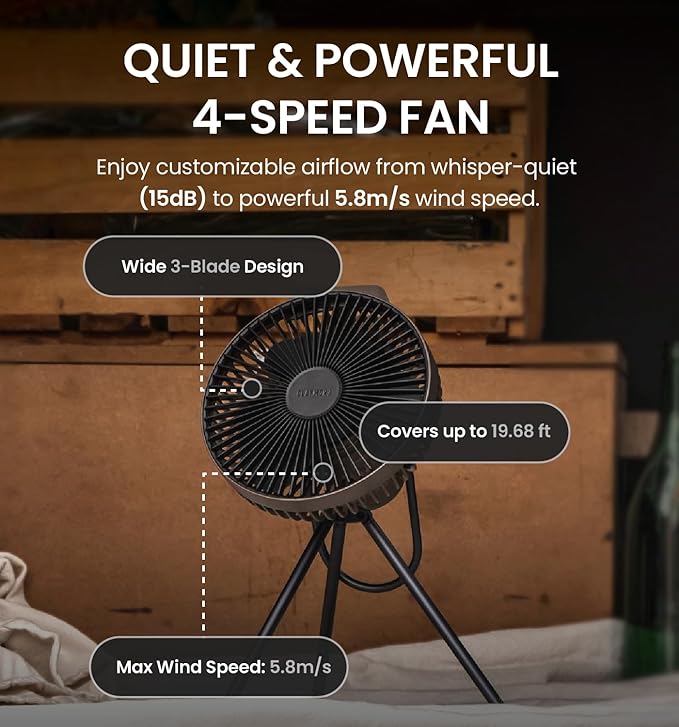 Claymore V600+ Rechargeable Camping Fan(Black) – 7,800 mAh Battery Operated Portable Fan for Indoor & Outdoor Use, 4-Speed Quiet Air Circulator, USB‑C Charging, Timer, Carry Pouch Included